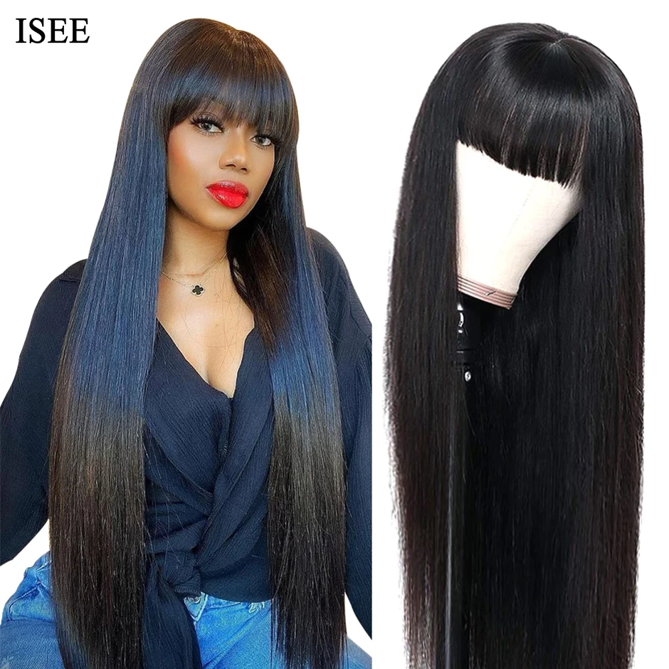 Фото ISEEHAIR аппарат для пришивания волос, парик из натуральных волос, прямой малайзийский парик с челкой, натуральный цвет для женщин, парики без к... №1