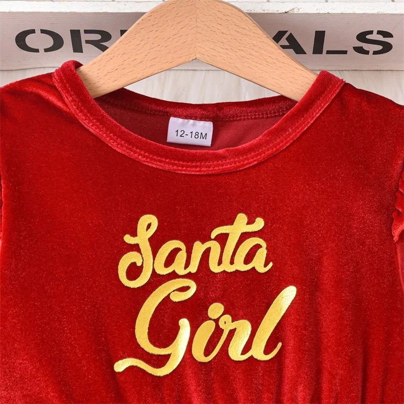 Blotona Little Girls Christmas Outfits Ruffled Long Sleeve Letter Print Velvet Terry Trim A-Line Dress with Santa Hat