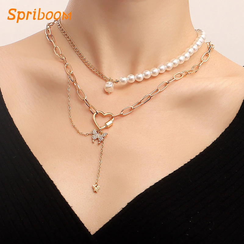 

Punk Layered Pearl Butterfly Necklace Gold Splicing Chain Necklaces Irregular Pearls Long Pendants Hollow Heart Colliers Jewelry