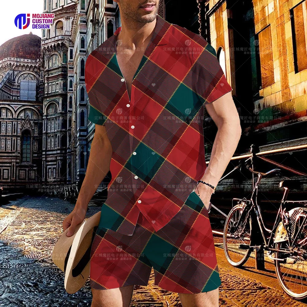 2023 Men's Red Check Shirt and Shorts Set Summer Fashion Beach Short Sleeve 2-Piece Set Luxury Breathable Tops Hawaiian Set