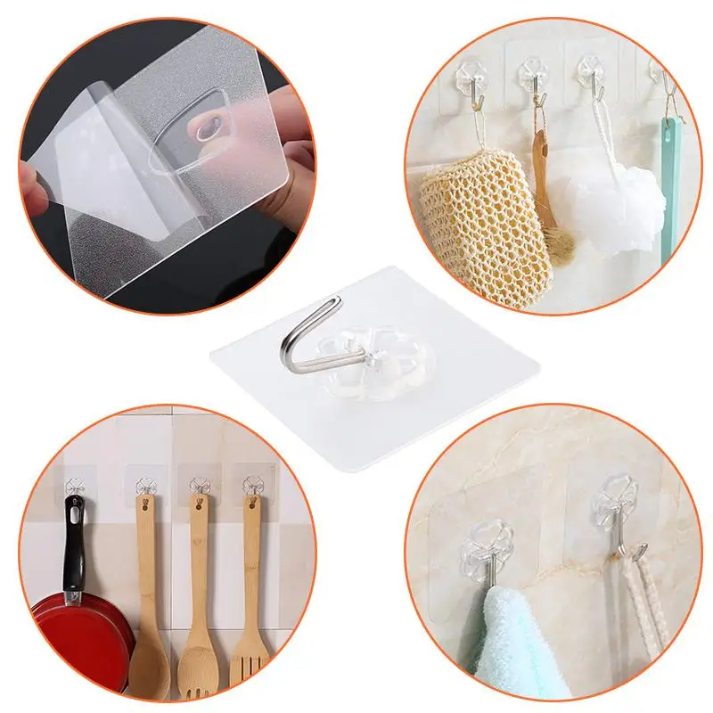 

10pcs Waterproof Transparent Viscose Hook Household Kitchen Bathroom Reusable Adhesive Hook without Mark