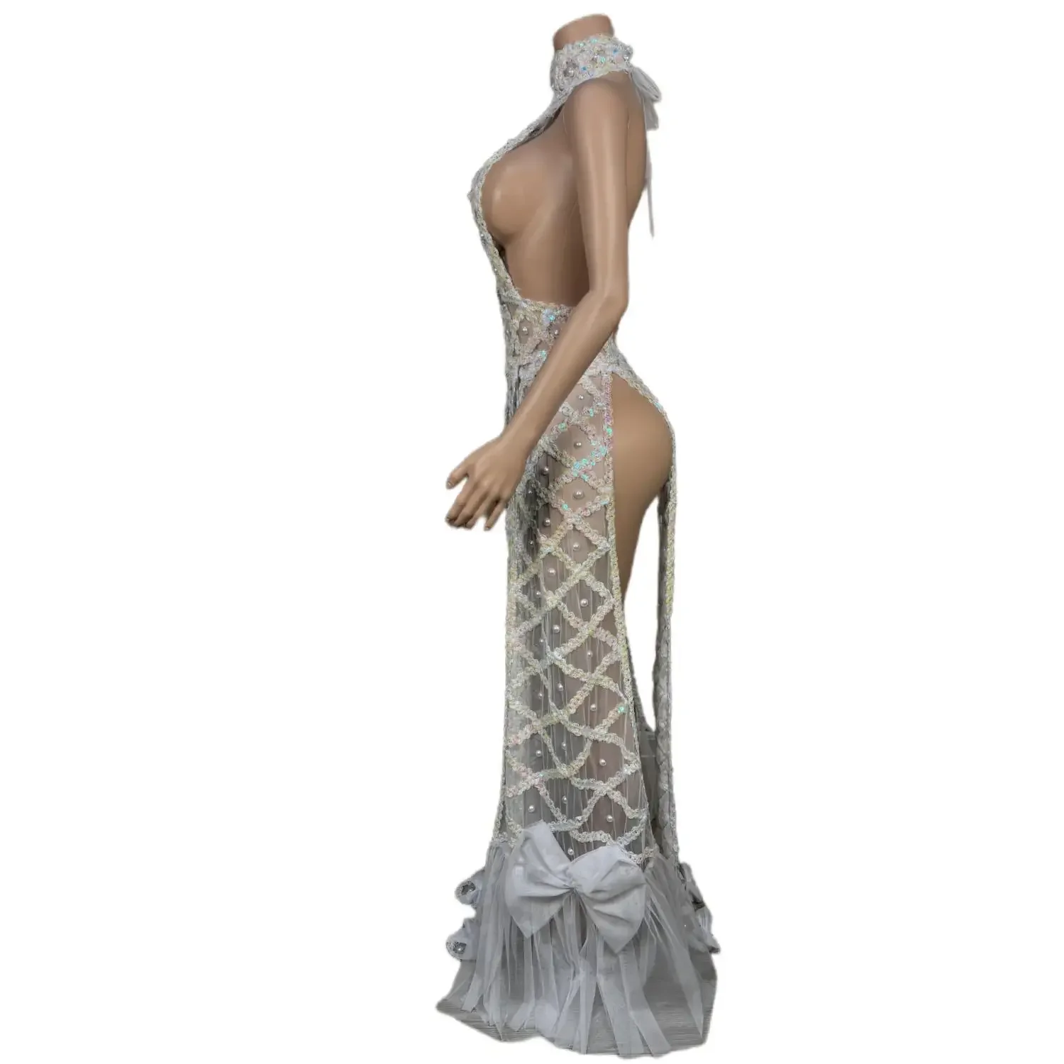 2024 Сетчатое жемчужное платье с открытой спиной для женщин высоким разрезом Pron Gown