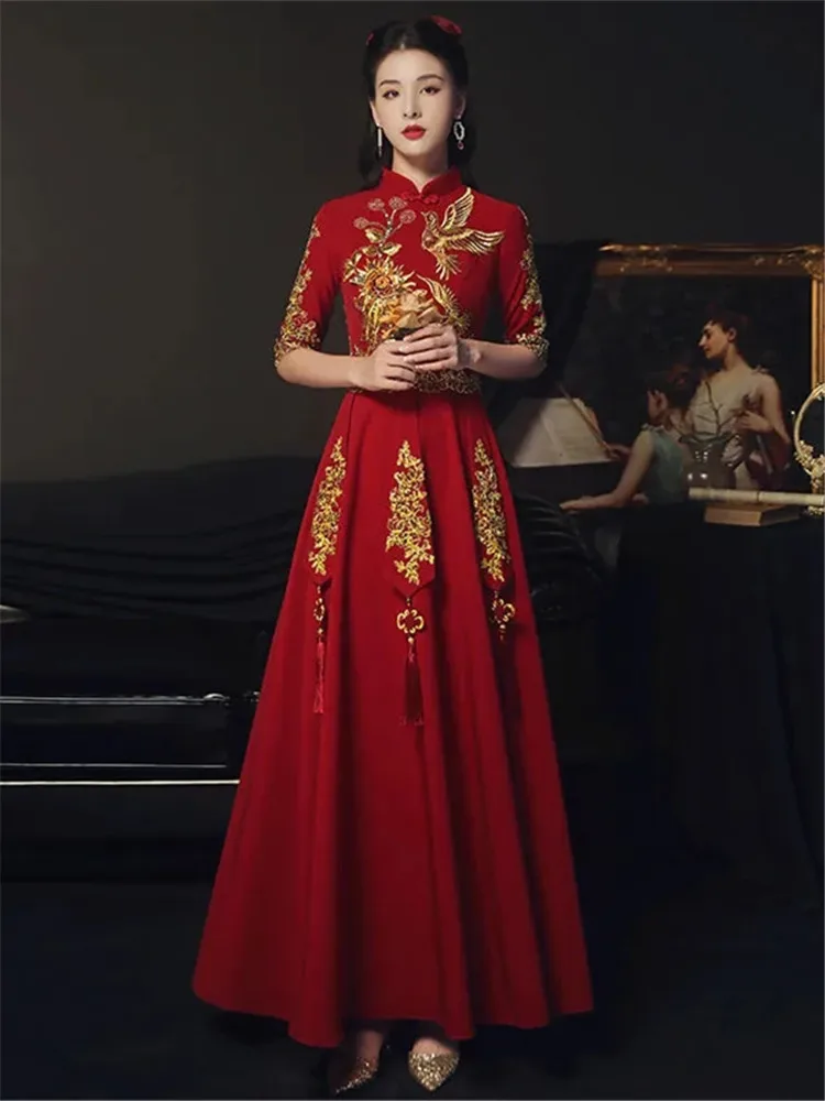

Винно-красное женское платье, женская одежда, Однотонная юбка А-силуэта с вышивкой и воротником-подвеской, длинным рукавом и пятью точками, темпераментная модель M353