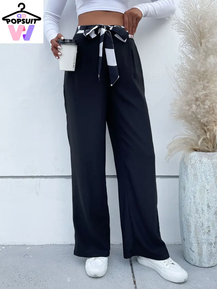 

Женские брюки, новинка, Осень-зима, модные повседневные свободные офисные брюки с высокой талией и широкими штанинами на шнуровке