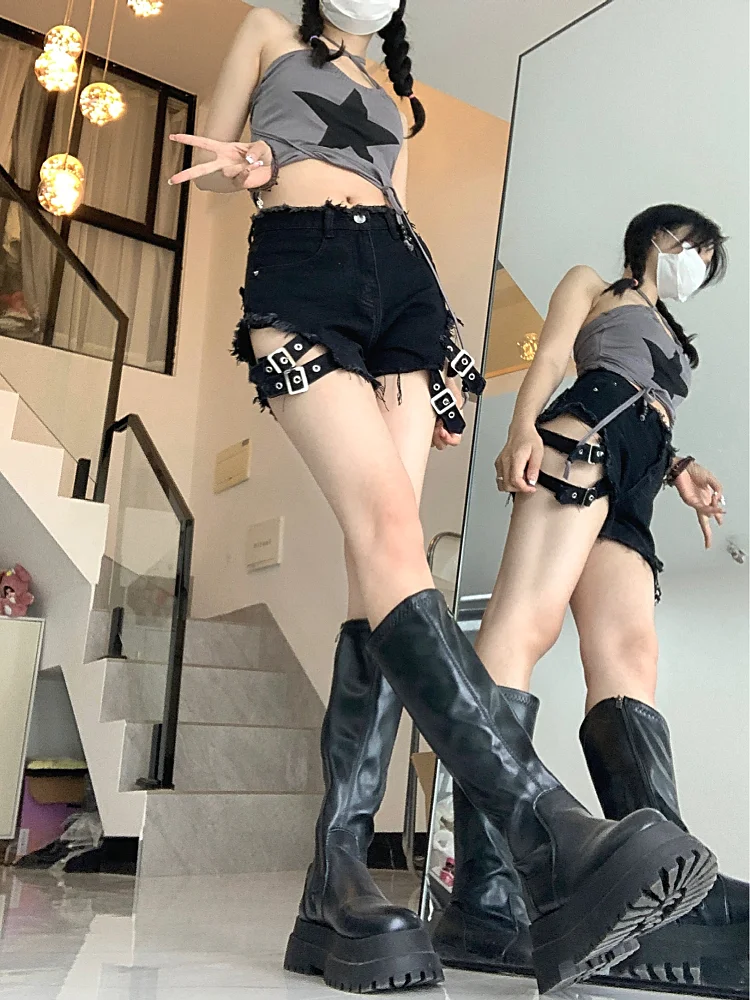 ADAgirl Punk Black Shorts Jeans Summer Low Wasit Short Pants High Street Wear Korean Fashion Emo Goth Grunge E-girl Bottoms 2023