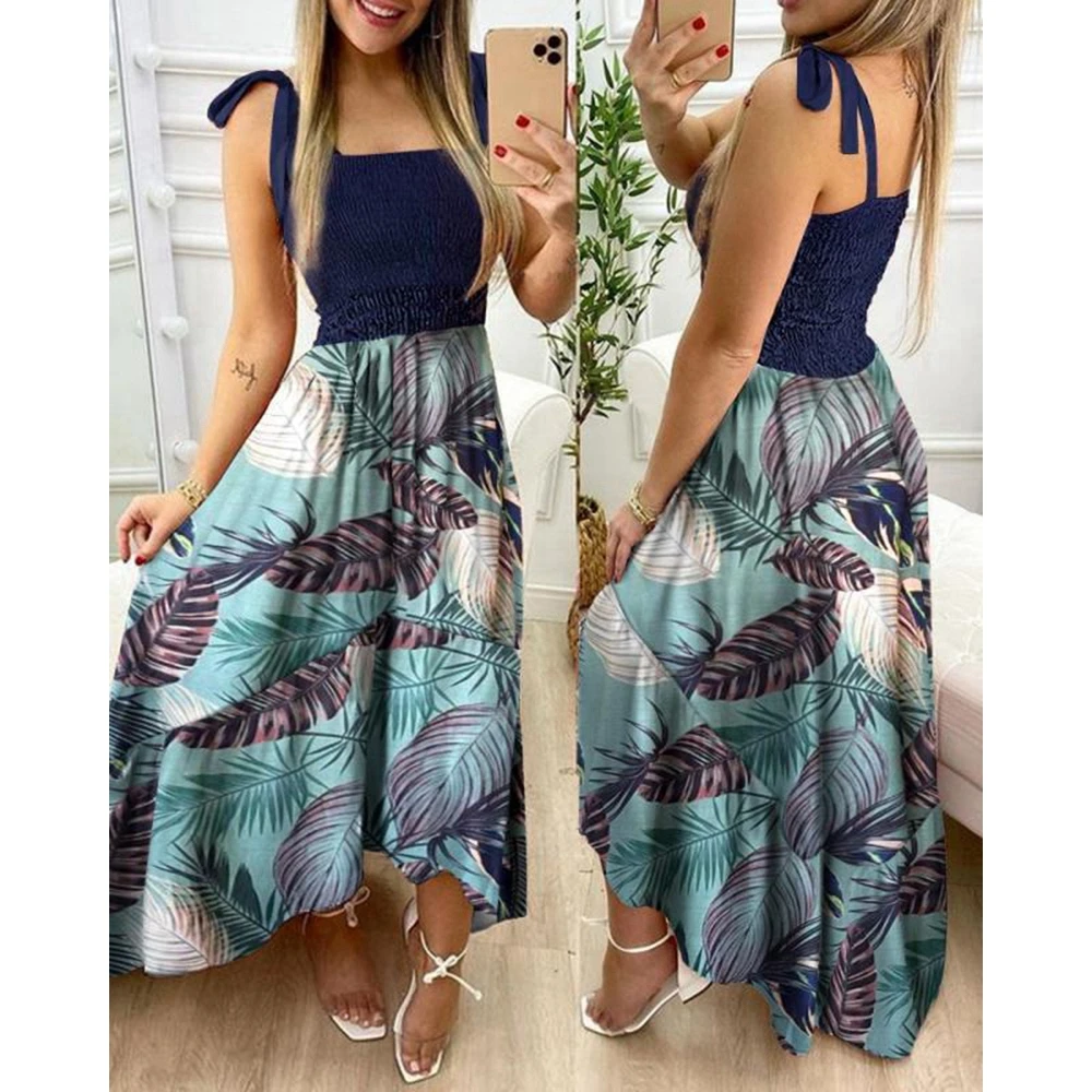 

Summer Women Floral Printed Cami Maxi Dress Casual Woman Square Neck Spaghetti Strap Long Party Dress Vacation Outfits Clothes
