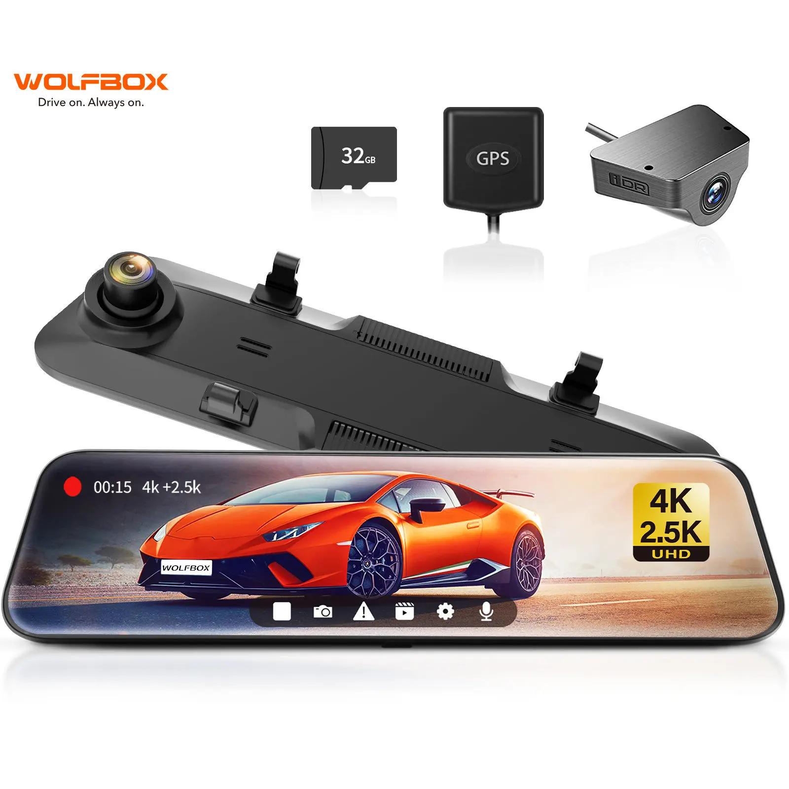 Wolfbox G900 Car DVR 4K 12 Inch Video Recorder  Touch LCD RearView Mirror Support Dual Lens Camera Rearview Mirror Dash Cam