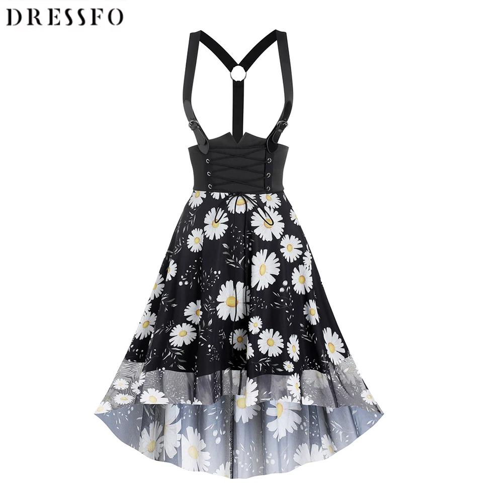 

Women Dress Lace Up Daisy Floral Mesh High Low Suspender Dresses Casual Dip Hem Summer Causal A Line Dress 2023