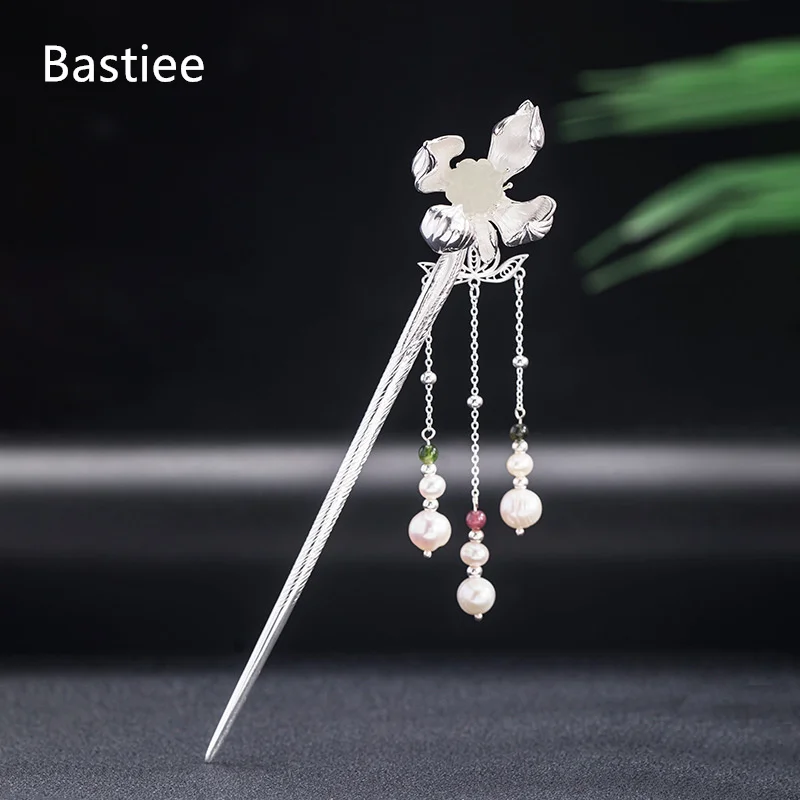 

Bastiee Original 925 Sterling Silver Hairpin Chinese Antique Pan Hair Headdress Hanfu Lotus Hotan Jade Tassels Hair Clip