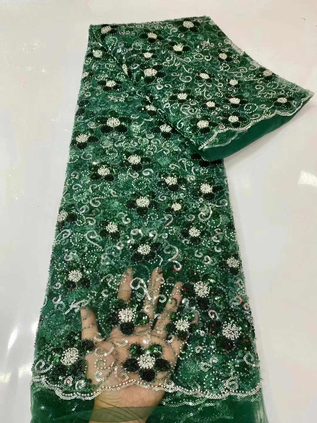 

Green African Sequins Lace Fabric 2023 High Quality Embroidery Beaded Nigerian French Tulle Lace Material For Wedding Dress