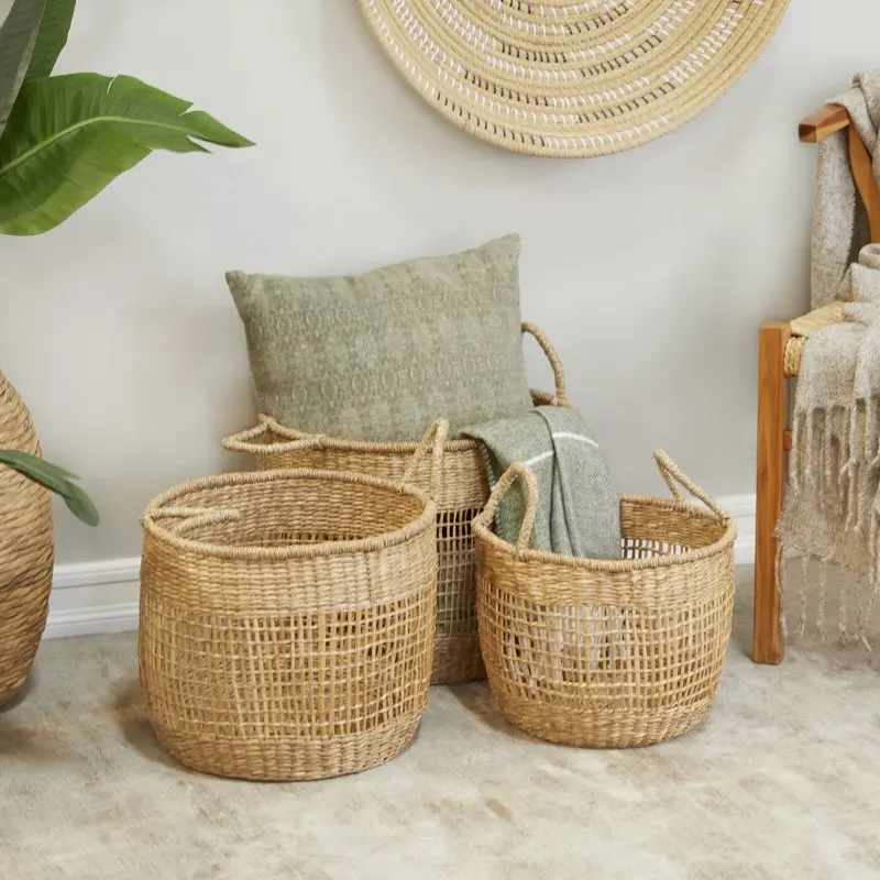 

17", 16", 14"H Brown Seagrass Handmade Storage Basket with Handles, 3-Pieces