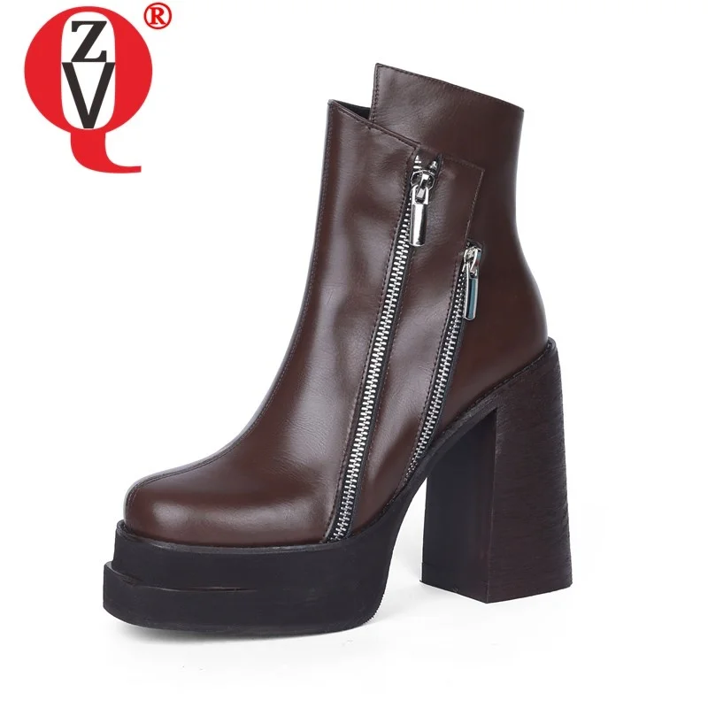 

ZVQ Fashion Punk Style Ankle Boots Real Leather Upper Platform High Heels Side Zipper Square Toe Winter Shoes Party Booties