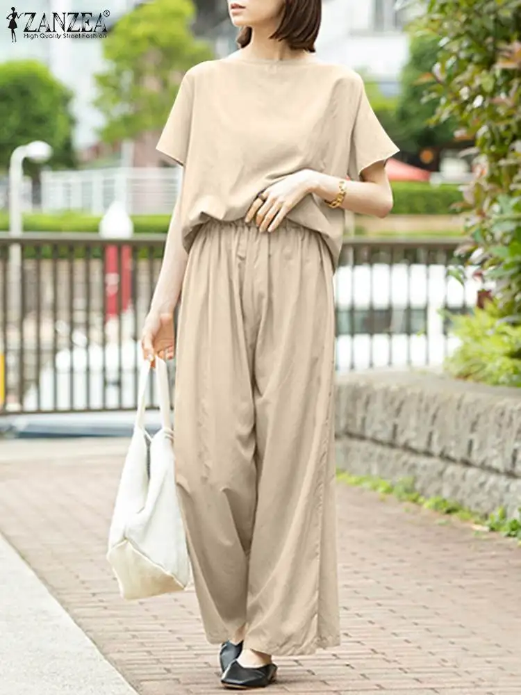 

Топ ZANZEA в стиле ретро и брюки с широкими штанинами, модный спортивный костюм в офисном стиле с короткими рукавами, лето 2022, однотонная блузка...