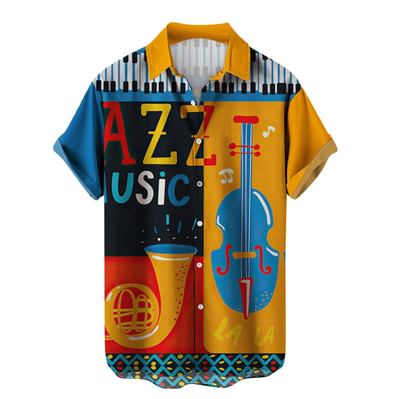 

Music Guitar 3D Printed Shirts For Men Rock Hip Hop Tops Summer Male Short Sleeve Beach Shirt Camisa Loose Casual Lapel Tops