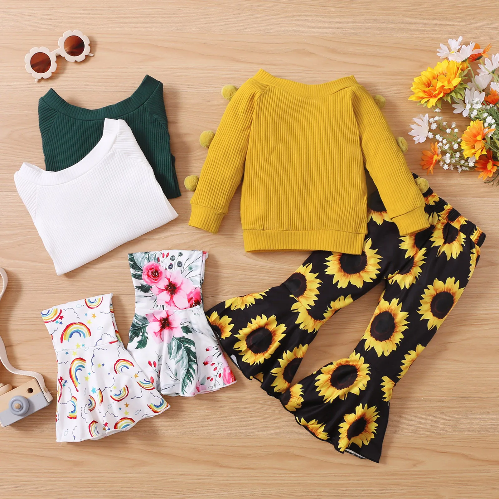 

Toddler Baby Girls Tweo-piece Suit Long Sleeve Tops Rainbow Sunflower Floral Printed Flare Pants Clothes Crop Cute Baby Clothes