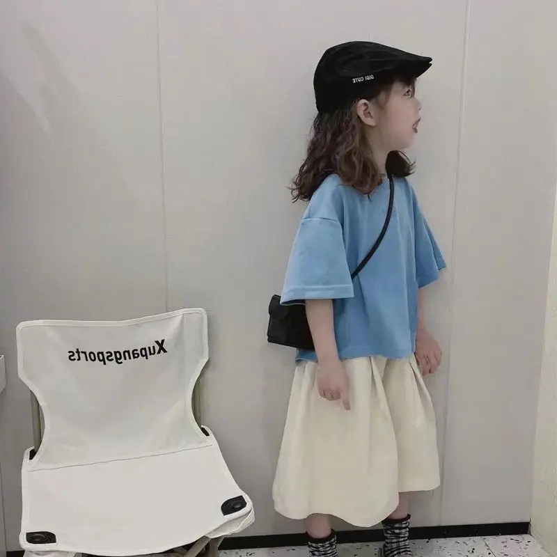

Комплект из двух предметов и футболки для девочек, одежда в Корейском стиле для девочек, новая широкая одежда, синий детский Тонкий Повседне...