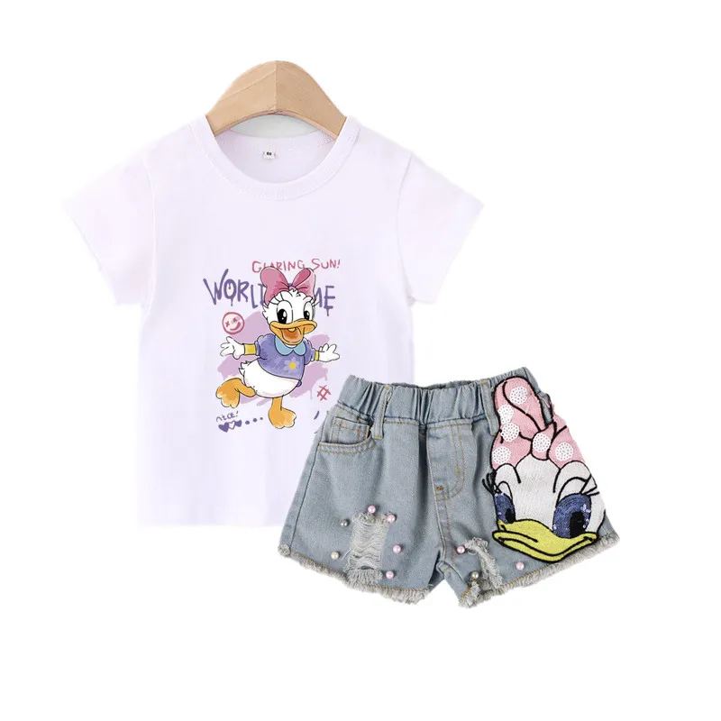 

Summer Kids Clothes Baby Daisy Duck T Shirt&broken Hole Denim Shorts Two Piece Outfits Set Minnie Mouse Little Girls Clothing