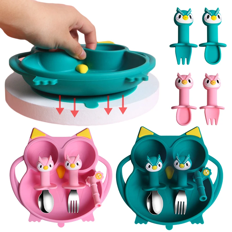 

Cartoon Owl Shape Baby Silicone Plate Cute Stainless Steel Spoon Fork Strong Sucker Plate Divided Plate Baby Feeding Spoon Straw