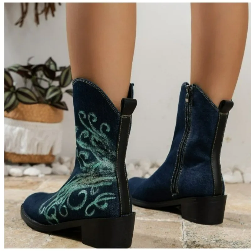 

Women's Boots 2023 Fashion Totem Cowboy Boots Women's Fall Casual Mid-calf Western Cowboy Boots New Zipper Chunky Heels