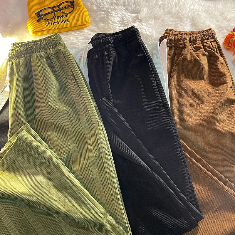 

Мужские вельветовые повседневные брюки, большие однотонные прямые брюки со шнурком, винтажная модная мужская одежда