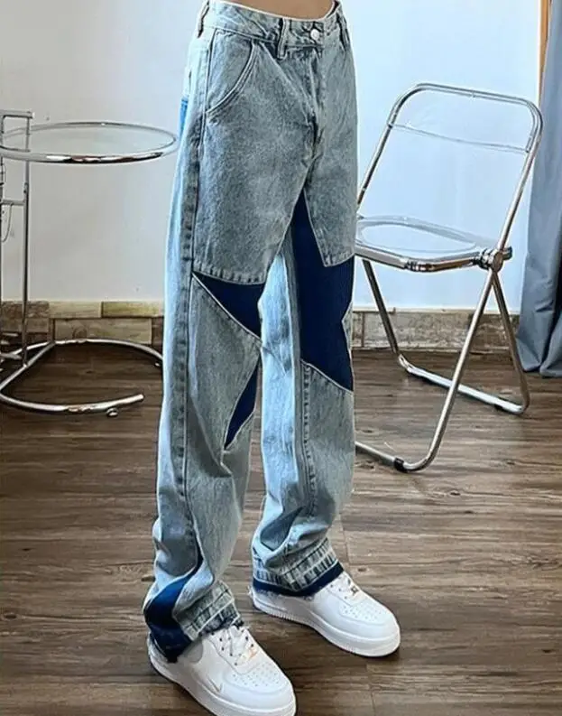 High Street Washed Distressed Jeans Men's American Hip-Hop Pentagram Stitching Loose Straight Hiphop Trousers