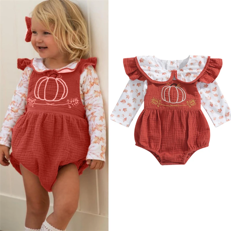 

2022-07-11 Lioraitiin 0-24M Baby Girl 2Pcs Romper Shirt Suit Long Sleeve Maple Leaf Print Tops Street Suspender Romper