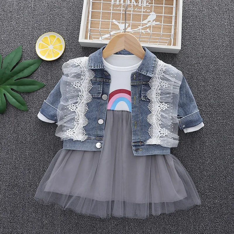 

Girls Denim Clothes Sets Spring Autumn Children Party Lace Coats Tulle Dresses 2pcs Party Suit For Baby 1 2 3 4 Year Kids Outfit