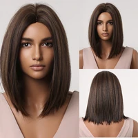 short straight bob wigs brown with highlight synthetic wigs middle part for women party daily natural hair wigs heat resistant