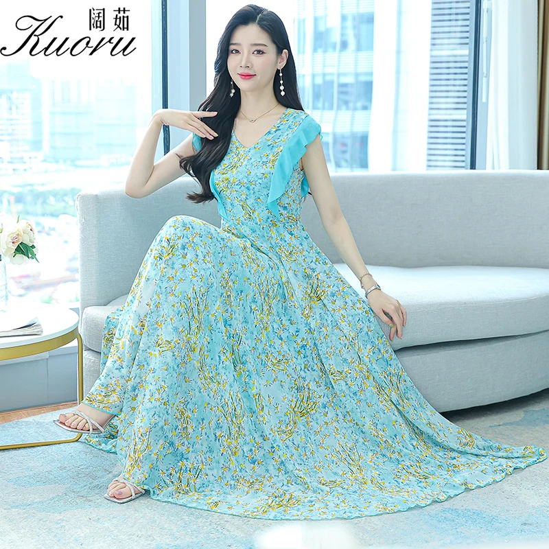 

Elegant Pink Evening Long Dresses For Women Korean Fashion Chiffon Beach Prom Floral Blue Summer Clothes 2022 Casual Midi Dress