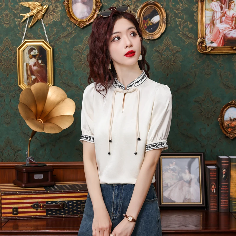 Модная женская блузка с коротким рукавом и воротником-стойкой шифоновая