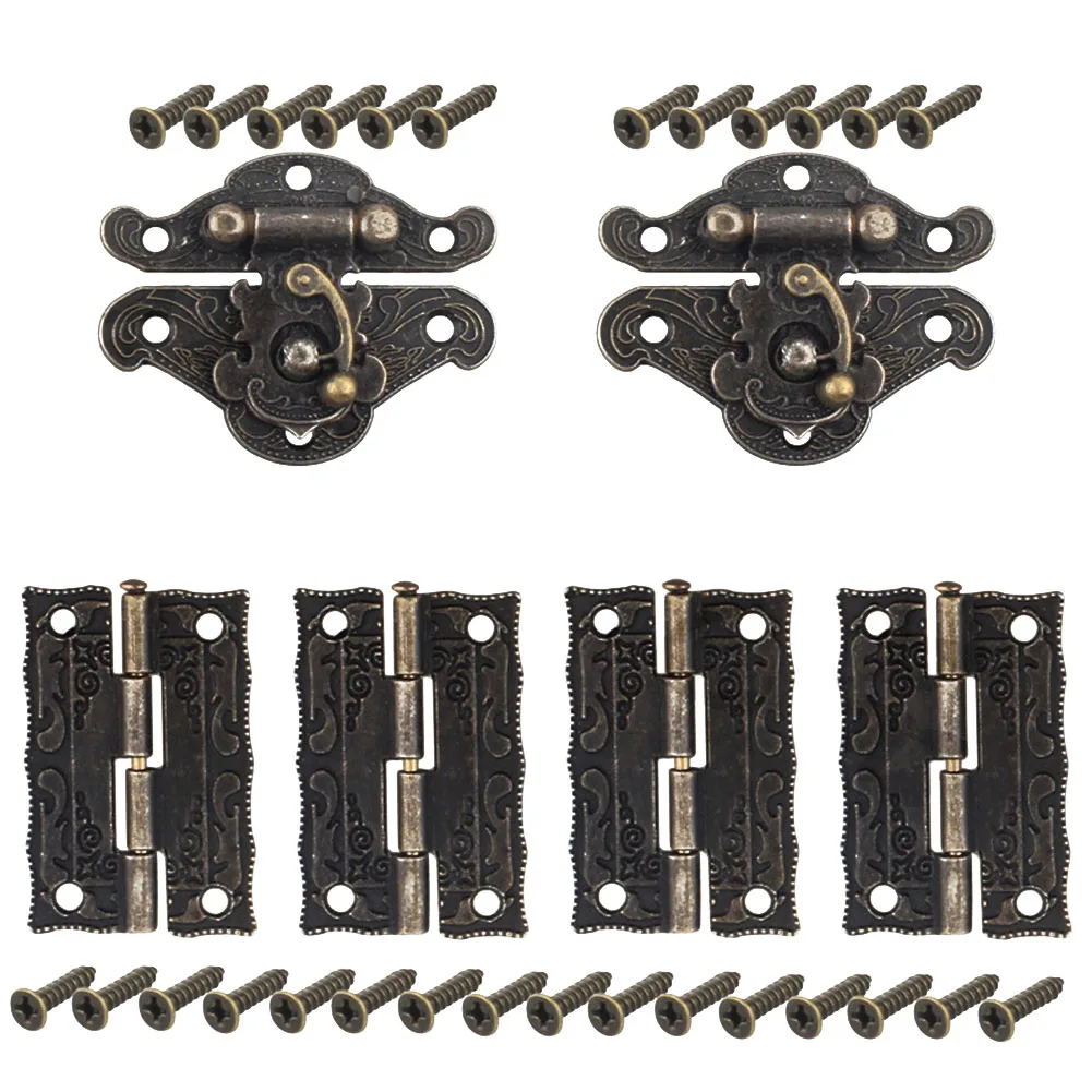 

6pcs Antique Bronze Cabinet Door Hinge For DIY Box Furniture Hinges With Screws Wooden Box Latch Hasp Furniture Hardware