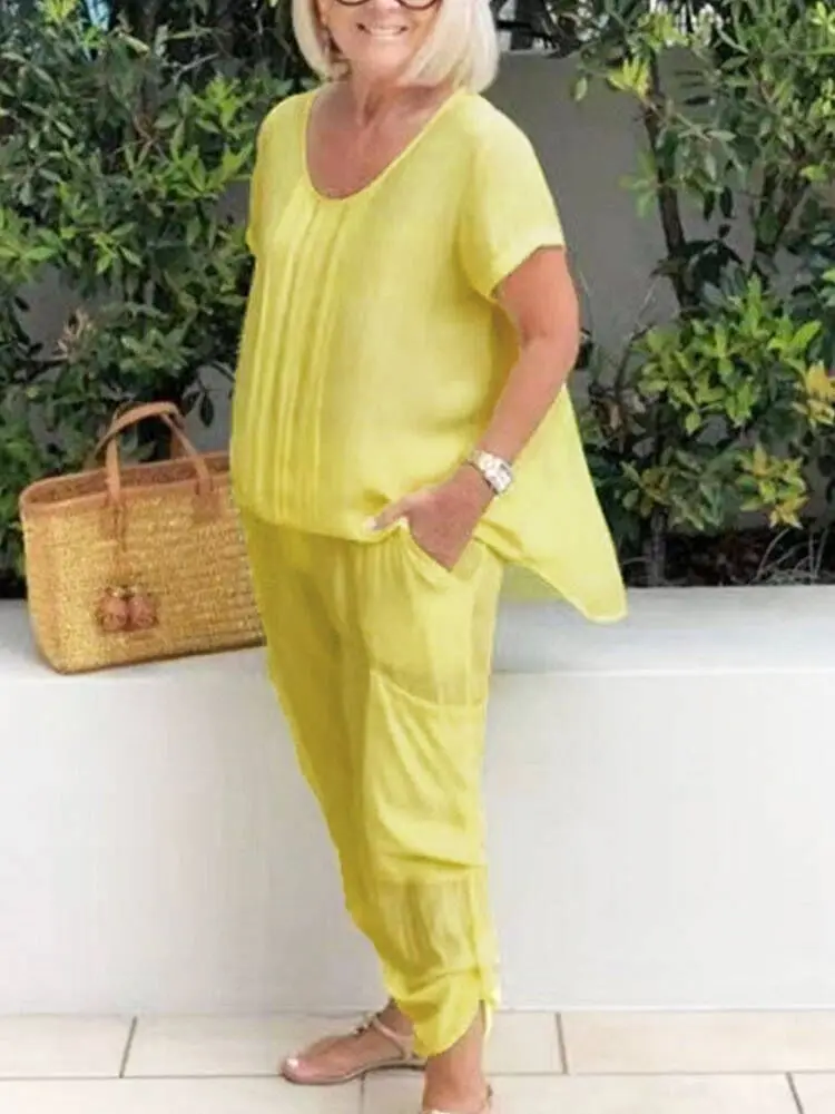 

Vintage Cotton Linen Two Piece Set Lady O Neck Loose Pullover & Drawstring Pencil Pants Sets Casual Short Sleeve Summer Outfits