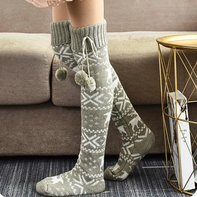 

Women Winter Knit Extra Long Boot Socks with Bow Plush Ball Christmas Elk Snowflake Cozy Warm Over Knee Thigh High Leg X4YC