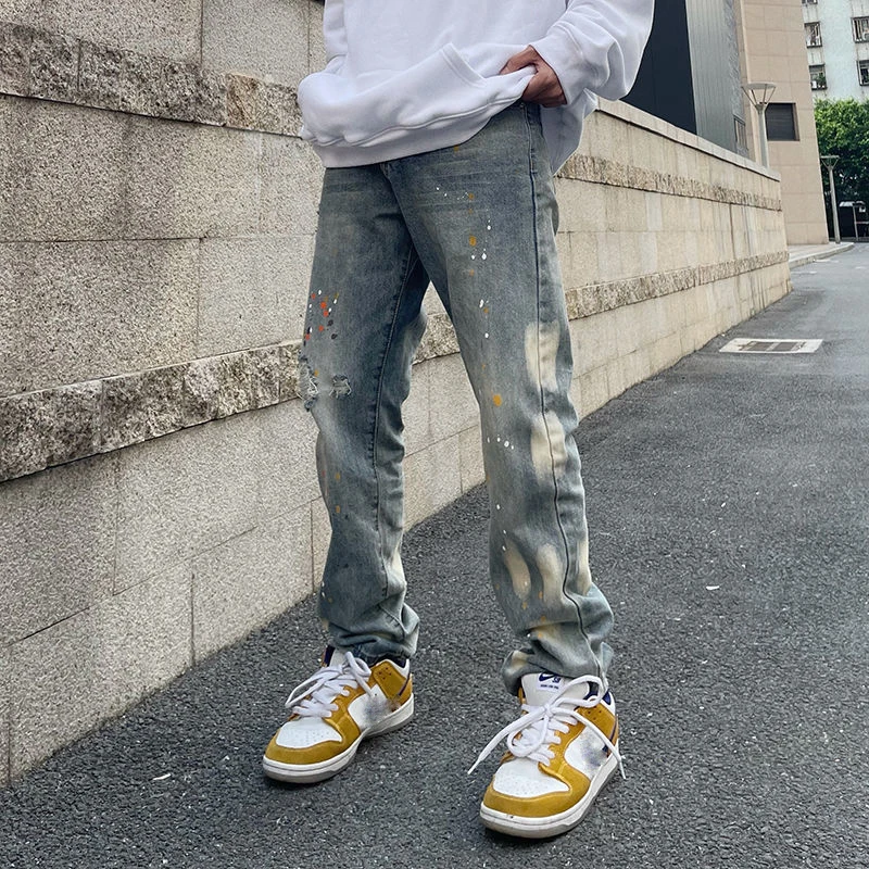 

Ink Splashing Light Color Hole Straight Jeans Spring And Autumn Design Sense European And American High Street Style Pants Trend