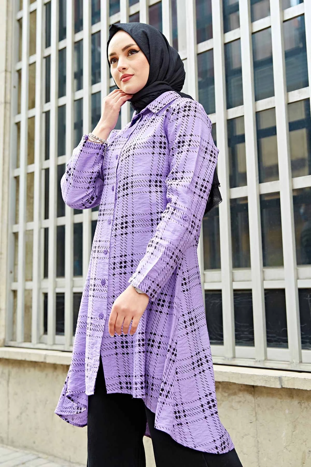 Patterned Asymmetrical Cut Shirt TH-Purple