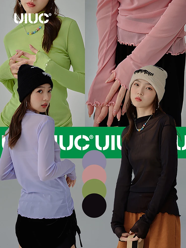 

UIUC Frill Neck Mesh Tops Women 2022 Spring Trendy Chic Ruffle Knitted Long Sleeve T-shirts for Teen Girls Slim Fit Tees