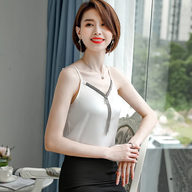 

Summer Korean Satin Tank Tops Women Tassel Sleeveless Camis Tops Women Office Lady Vest Tees Female Spaghetti Strap Tank Top