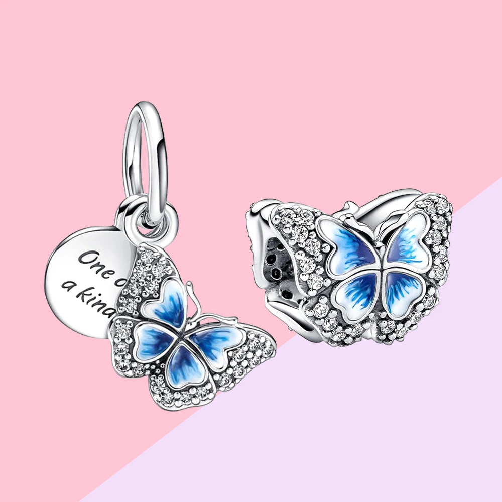 Pandora Blue Butterfly and Quote Double Dangle Charm, Spring Story Series, beaux bijoux romantiques pour femmes, cadeau exécutif