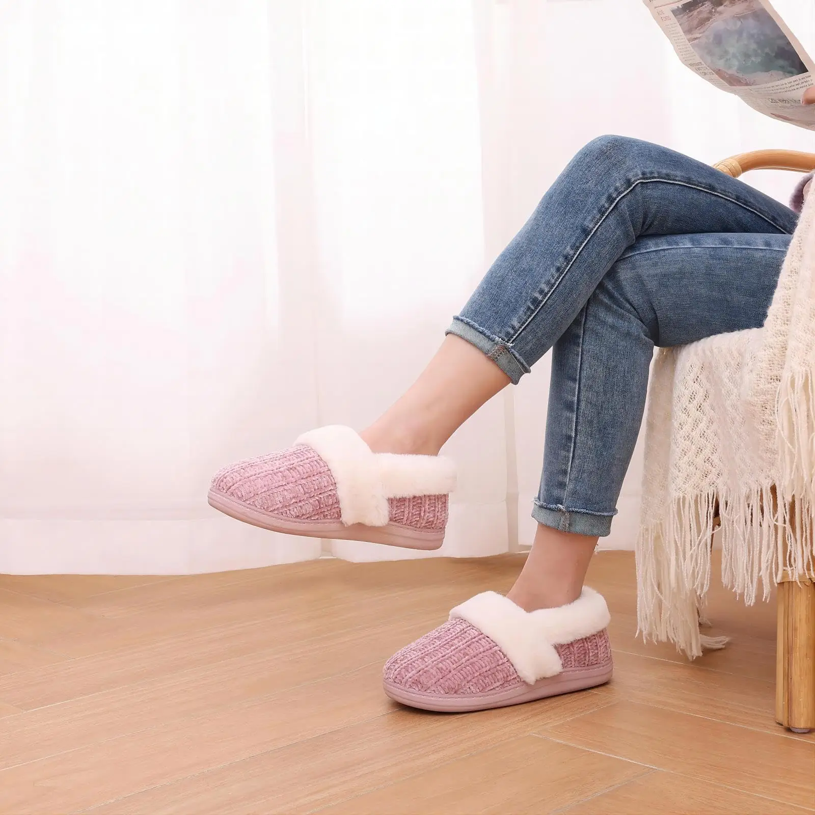 Женские плюшевые шлепанцы Evshine плоская подошва короткие зимние теплые тапочки