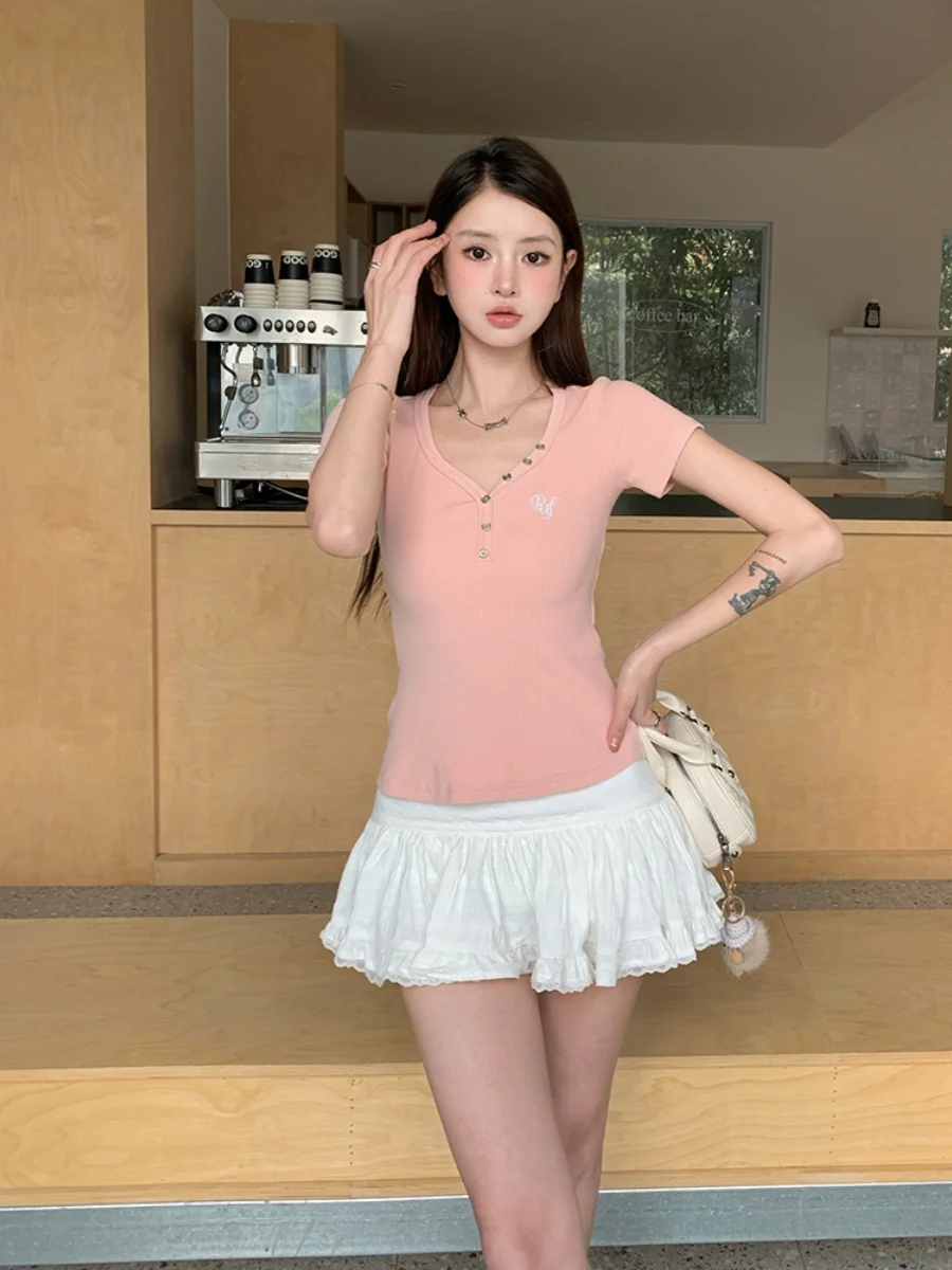 Pufouy American Sle Peach Heart Collar Tight T-shirt Slim fit Slimming Thin Bottoming Shirt Women Gyaru Versitile |