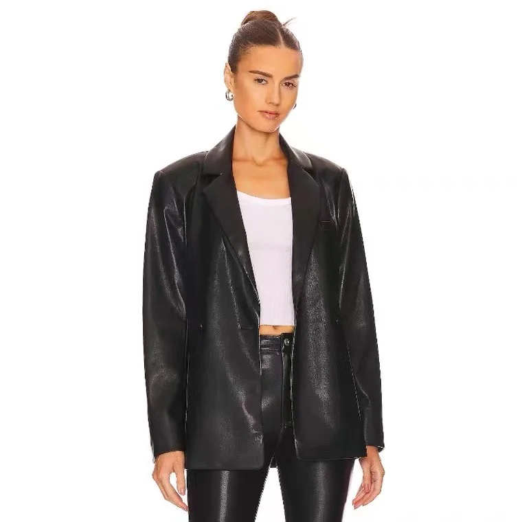 

Женский Повседневный блейзер из искусственной кожи с отложным воротником и двумя карманами