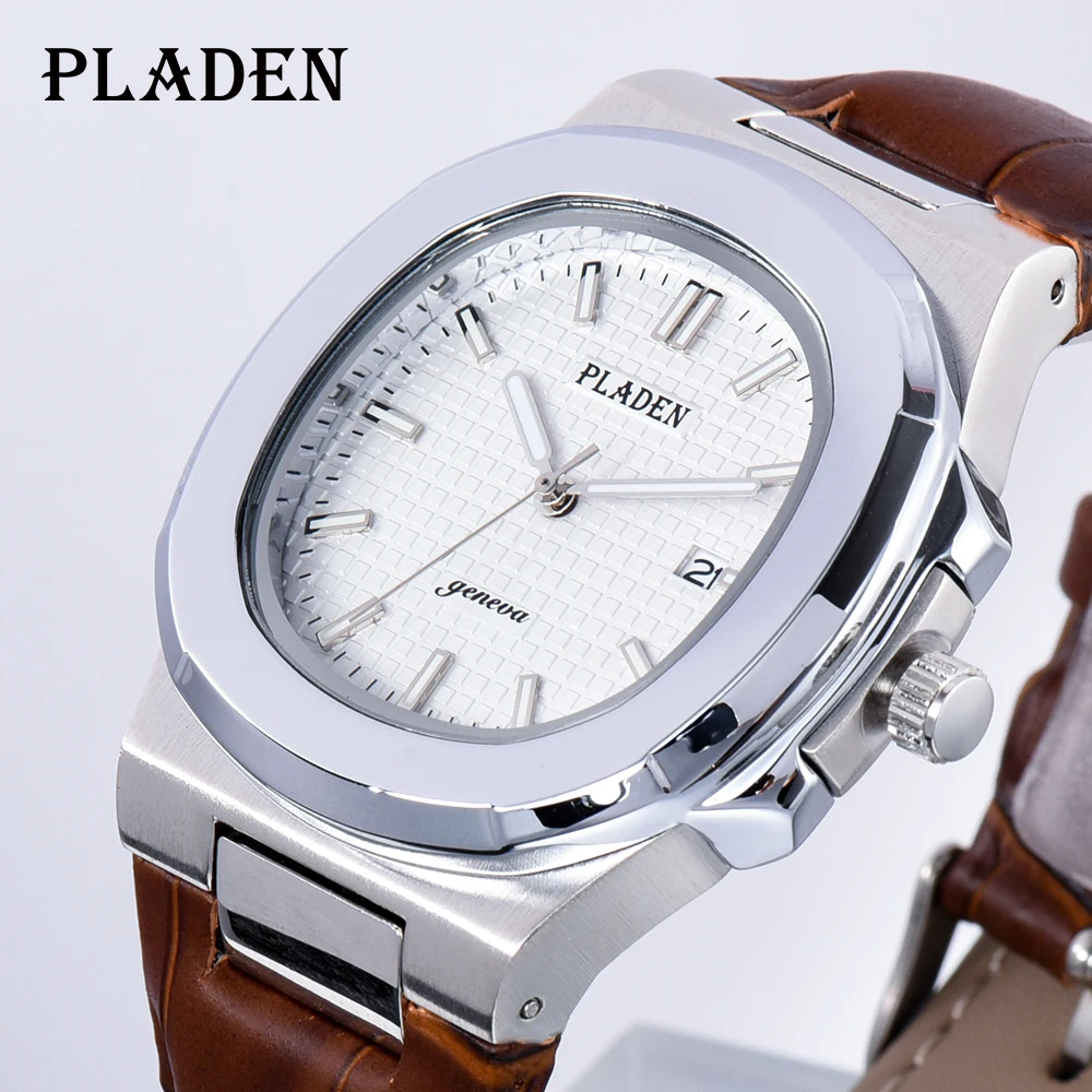 

PLADEN Top Sell Men Watch Casual White Dial Japan Movement Quartz Wristwatch Automatic Date Vintage Leather Clock Dropshipping