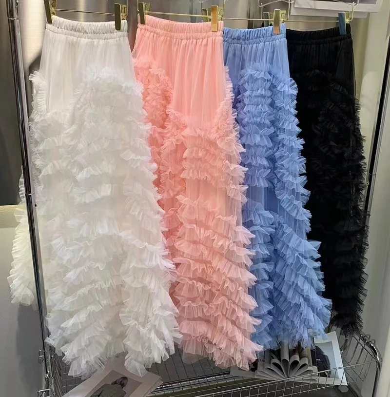 

Ball Gown Skirt 2023 Spring Summer Party Club Women Elastic Waist Cascading Ruffle Flower Deco Casual Long Blue White Pink Skirt