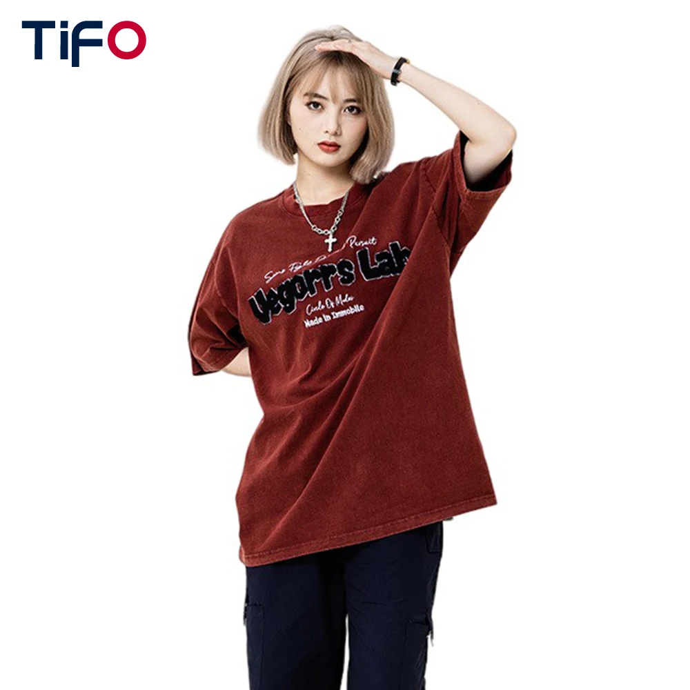 

Towel Embroidery Letter Loose Short Sleeve Women Washed Distressed Streetwear Summer Crew Neck Neutral T-shirt