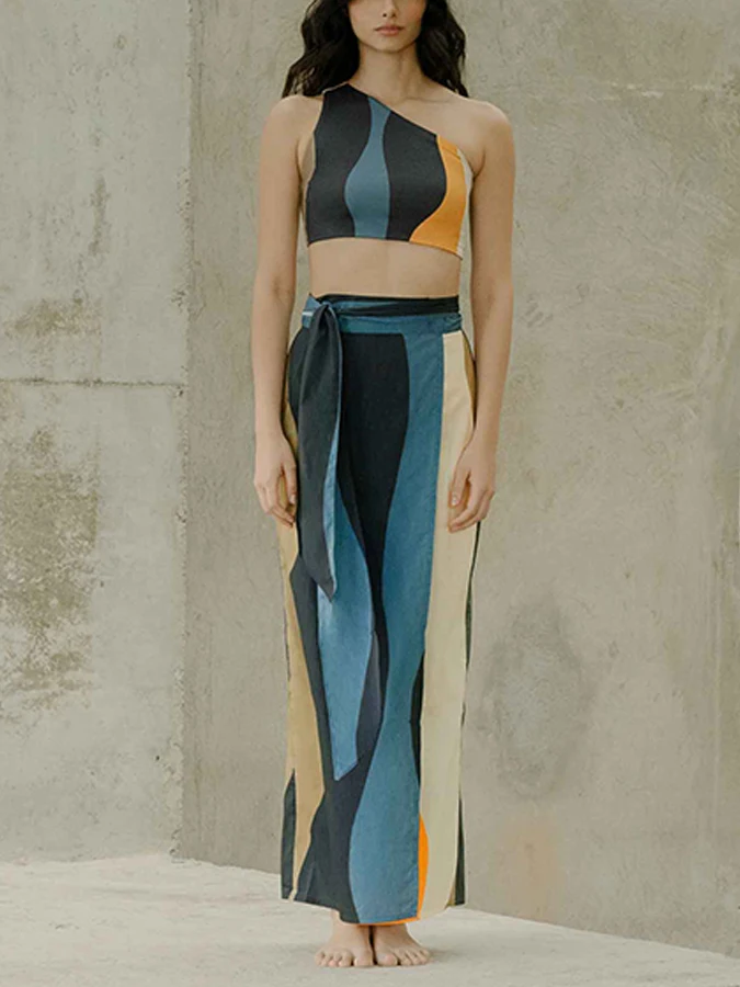 

Striped One Shoulder Split Swimsuit High Waist Slim Bikini Elegant Beach Swimwear Sexy Backless Patchwork Beachwear Monokini