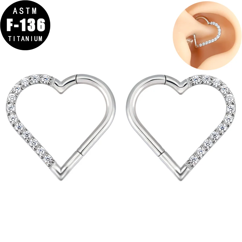 

ASTM F136 Titanium Nose Rings Septum Piercing Heart CZ Zircon Daith Ear Tragus Cartilage Earring Hinged Segment Hoop Helix Rings