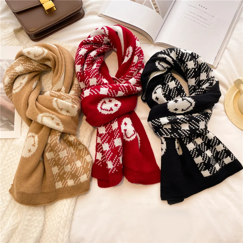 

Design Smile Print Winter Knitted Scarf for Women Korean Style Warm Woolen Yarm Neckerchief Muffler Lady Skinny Shawl Bufandas