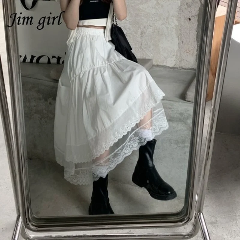 

Vintage Gothic Long Tulle Midi Skirt Womens Elegant Black White Lace Stitching High Waist A-line Pleated Skirt Female Streetwear