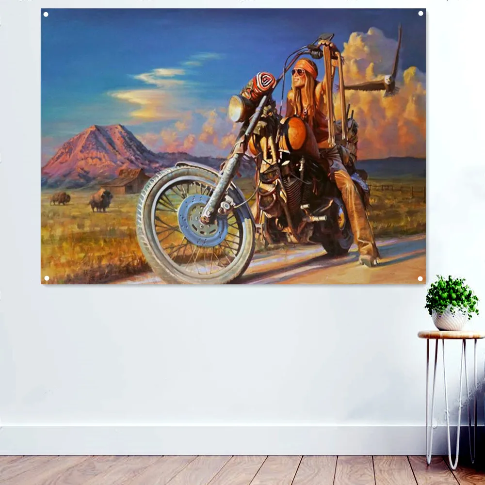 

Easy Rider Motorcycle Wall Art Poster and Prints Banner Flag Man Cave Garage Locomotive Repair Shop Wall Decor Painting Tapestry