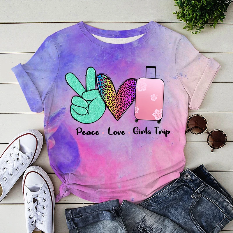 Peace Love Girl Trip Print T-shirt Summer Beach Travel Tie-dye Tees Leopard Print Heart Graphic T Shirts Harajuku Casual Y2k Top